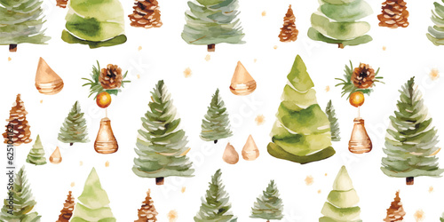 Christmas seamless pattern with toys christmas trees, acorn and pine cone, decorative watercolor print for textile, wrapping paper or greeting ornament, illustration beautiful green trees
