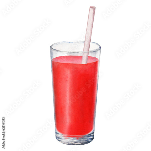 A glass of tomato juice with a straw. Hand drawn watercolor illustration for clip art decor menu label