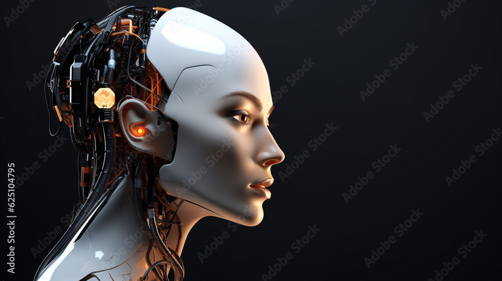 Female face robot android. Neuro interface. Link to the world of Artifical intelligence. Generative AI visual concept. Female face robot android. Neuro interface. Link to the world of Artifical intelligence. Generative AI visual concept.