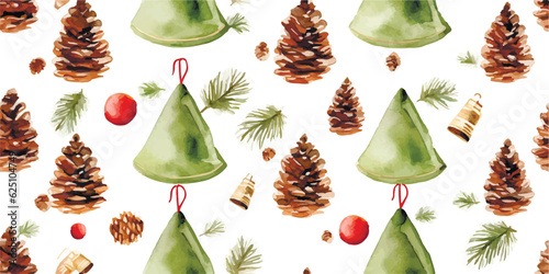 Christmas seamless pattern with toys christmas trees, acorn and pine cone, decorative watercolor print for textile, wrapping paper or greeting ornament, illustration beautiful green trees