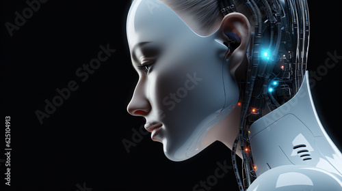 Female face robot android. Neuro interface. Link to the world of Artifical intelligence. Generative AI visual concept.