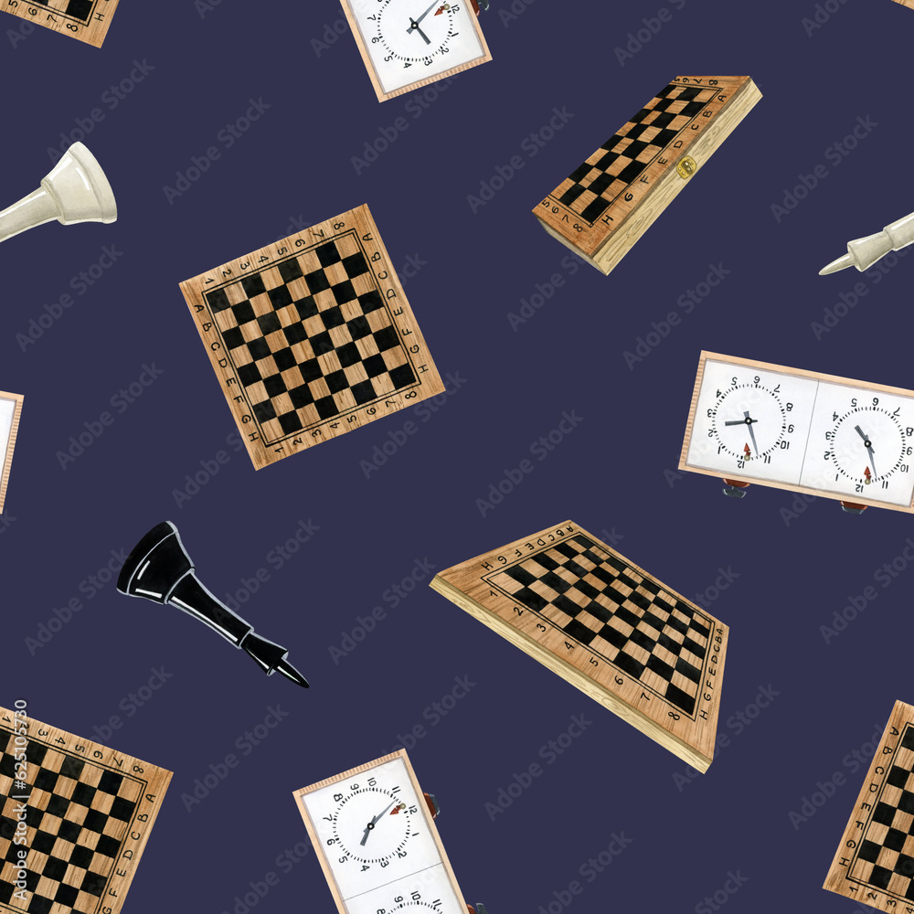 Watercolor chess seamless pattern with black and white kings, boards ...