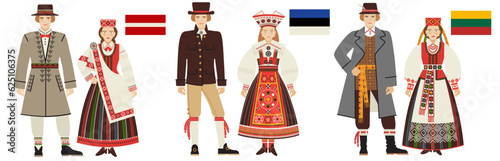 flags and national costumes of the Baltic countries. couples of young people in national, traditional clothes of Latvia, Estonia, Lithuania isolated on a white background. flat drawing. vector EPS 10.