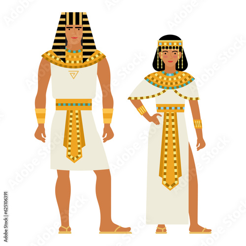 girl and young man in Egyptian folk costume isolated on a white background. couple of young people in the national traditional clothes of Egypt. flat drawing in cartoon style. stock vector EPS 10.