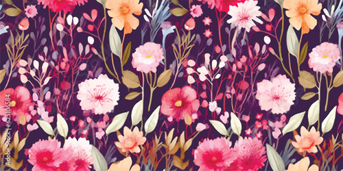 Colorful floral seamless pattern with plants and flowers on ivory background, watercolor illustration for summer design textile or decorative floral wallpapers in provence style