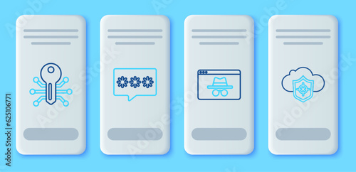 Set line Password protection, Browser incognito window, Smart key and Cloud and shield icon. Vector