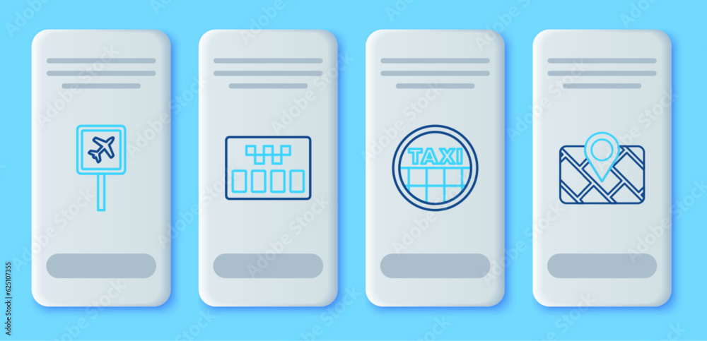 Set line Taximeter, car roof, Airport and Gps device with map icon. Vector