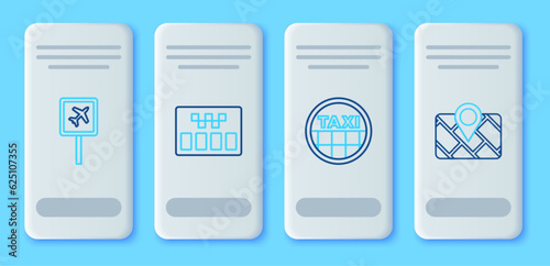 Set line Taximeter, car roof, Airport and Gps device with map icon. Vector