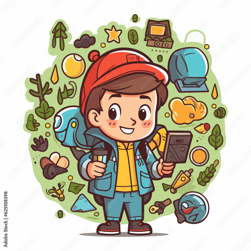 Naklejka premium Young adventurer on an adventure trip. Search for hidden Geocaching treasures in nature. Cartoon vector illustration.
