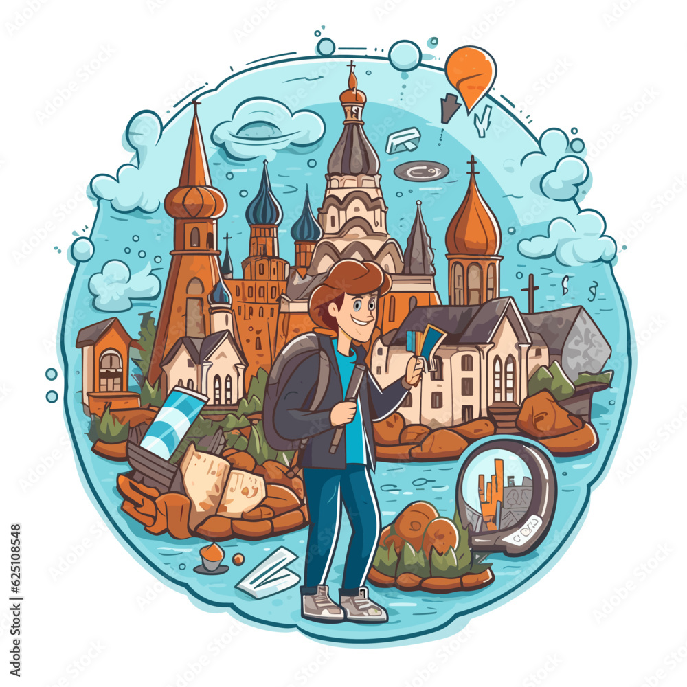 Exploring the big city on a road trip. Discovering hidden places using map navigation. Cartoon vector illustration. Exploring the big city on a road trip. Discovering hidden places using map navigation. Cartoon vector illustration.