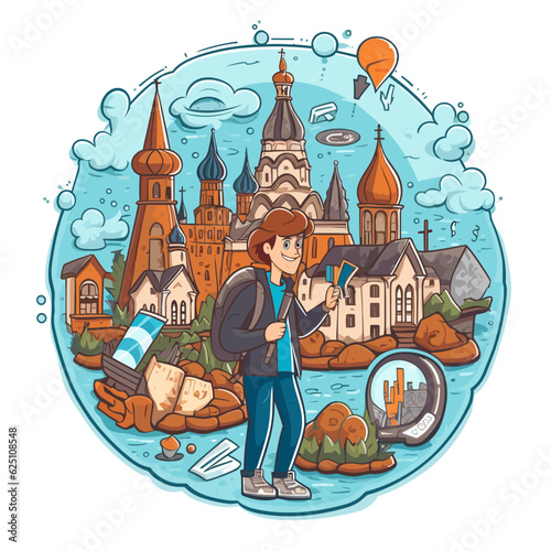 Exploring the big city on a road trip. Discovering hidden places using map navigation. Cartoon vector illustration.