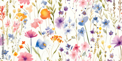 Floral meadow, watercolor seamless pattern with abstract wildflowers, summer colorful illustration on ivory background in provence style