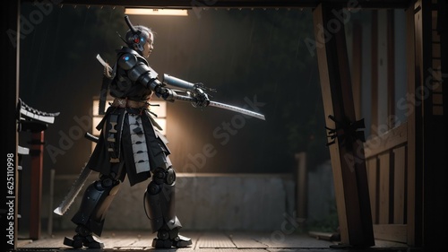 robot samurai with sword and rain background