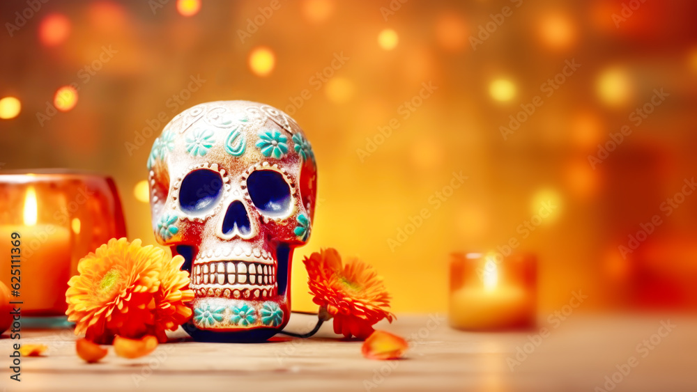 Day of the Dead background. Painted human skull for Mexico's Day of the Dead (El Dia de Muertos), flowers and burning candles on blurred background with bokeh effect. Copy space Day of the Dead background. Painted human skull for Mexico's Day of the Dead (El Dia de Muertos), flowers and burning candles on blurred background with bokeh effect. Copy space