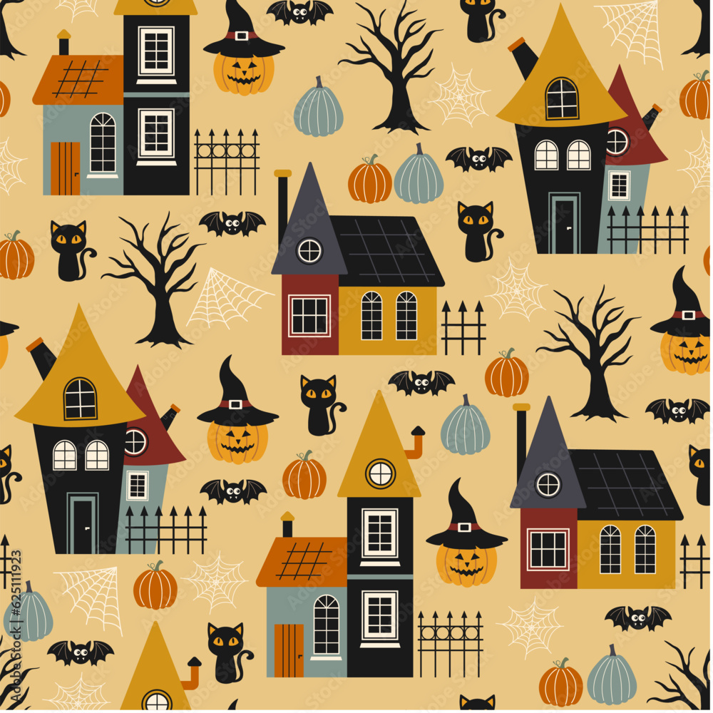 Halloween seamless pattern. Vector illustration of Halloween party. Pumpkins, houses, black cat, bat, gloomy trees and spider web on a yellow background. Vector cartoon seamless pattern.