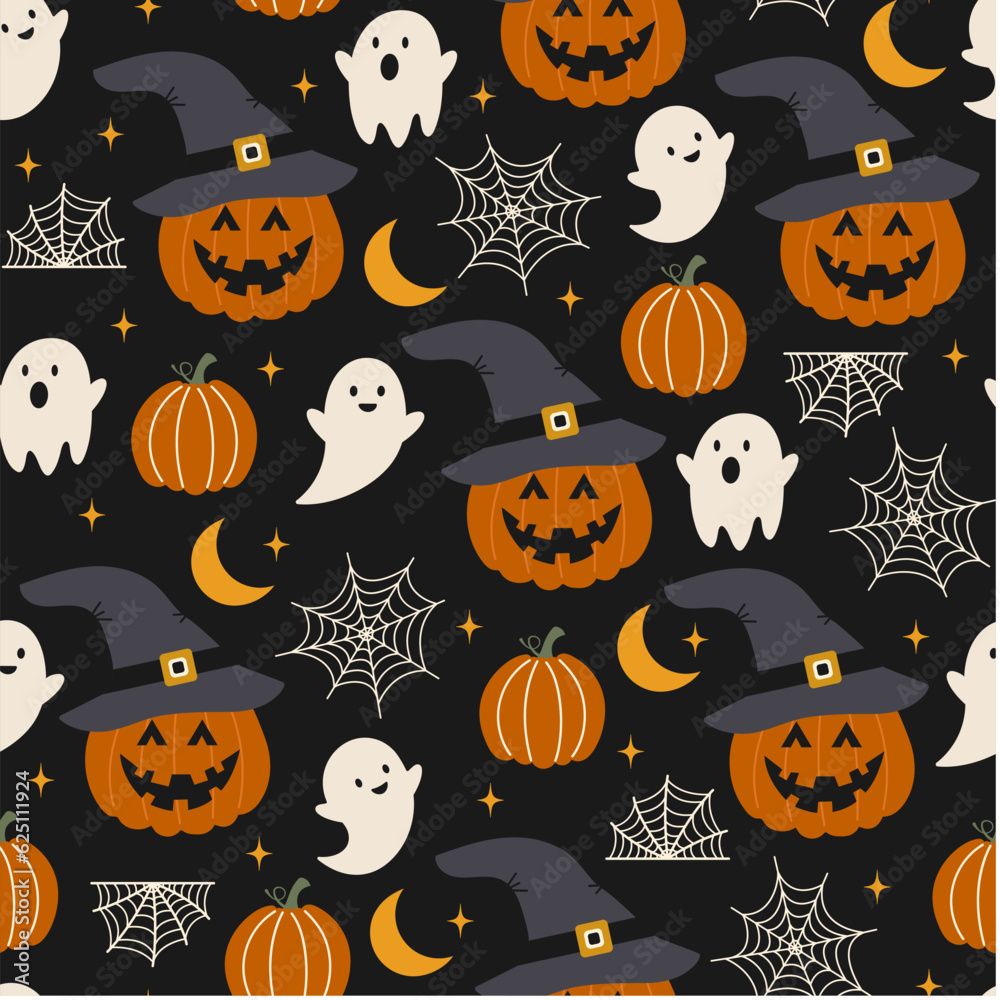 Halloween seamless pattern. Vector illustration of Halloween party. Pumpkins, ghosts and spider web on a dark background. Vector cartoon seamless pattern. Halloween seamless pattern. Vector illustration of Halloween party. Pumpkins, ghosts and spider web on a dark background. Vector cartoon seamless pattern.