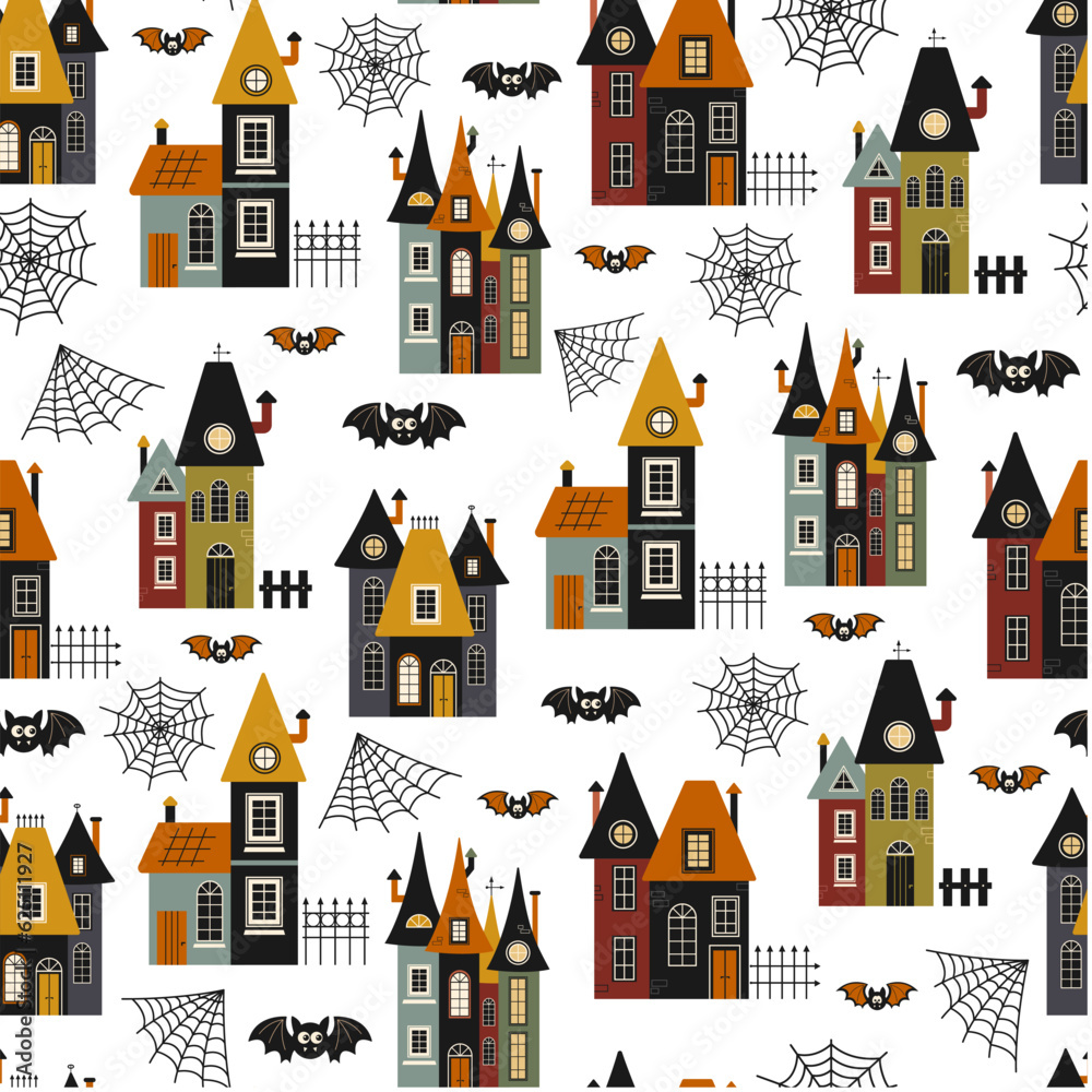 Halloween seamless pattern. Vector illustration of Halloween party. Houses, spider web and bats on a white background. Vector cartoon seamless pattern.