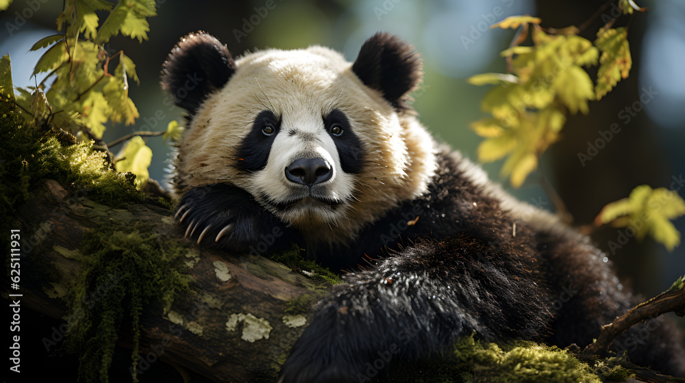Naklejka premium Panda Bear on tree Generative AI