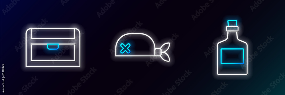 Set line Alcohol drink Rum, Antique treasure chest and Pirate bandana for head icon. Glowing neon. Vector Set line Alcohol drink Rum, Antique treasure chest and Pirate bandana for head icon. Glowing neon. Vector
