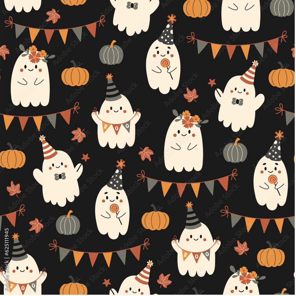 Halloween seamless pattern. Vector illustration of Halloween party. Cute ghosts on a dark background. Vector cartoon seamless pattern.