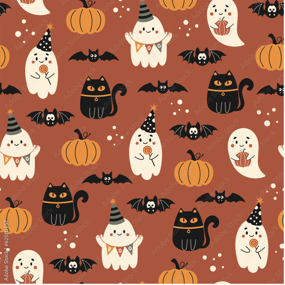 Halloween seamless pattern. Vector illustration of Halloween party. Black cat, bat, ghosts and pumpkins on a brown background. Vector cartoon seamless pattern. Halloween seamless pattern. Vector illustration of Halloween party. Black cat, bat, ghosts and pumpkins on a brown background. Vector cartoon seamless pattern.