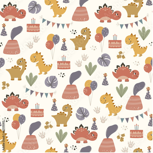 Fototapeta Naklejka Na Ścianę i Meble -  Happy birthday seamless pattern with cute dinosaurs. Dino baby vector background. Vector illustration in funny cartoon style.