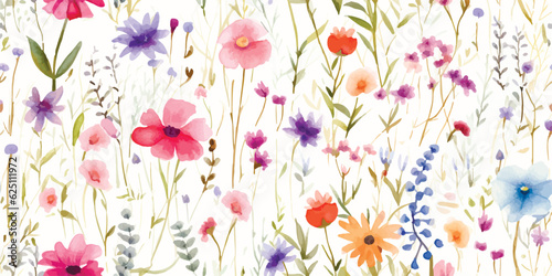 Floral meadow, watercolor seamless pattern with abstract wildflowers, summer colorful illustration on ivory background in provence style