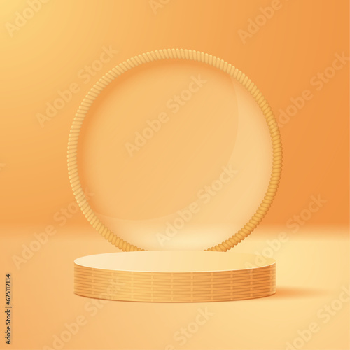 Autumn podium with a display in the form of a wicker basket. Vector 3d illustration.
