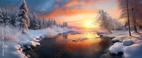 Beautiful snowy landscape at sunset - AI Generated