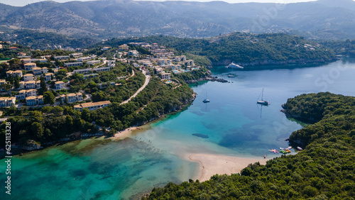 Aerial view of iconic paradise sandy beaches with turquoise sea in complex islands of Agios Nikolaos and Mourtos in Sivota area, Epirus, Greece © Nenad
