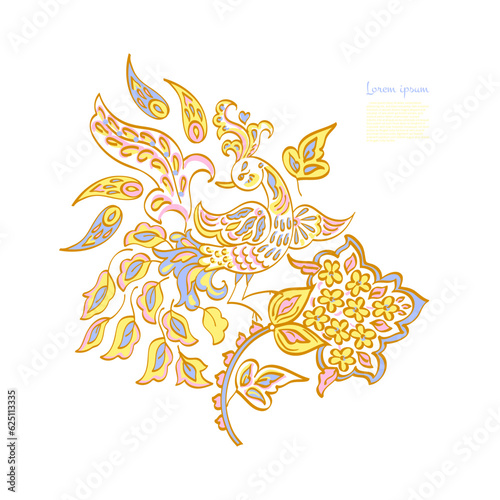 Paisley vector isolated pattern with Flying Bird. Damask style Vintage illustration