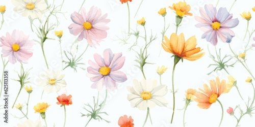 Floral pattern with buds flowers cosmos, coreopsis and marguerite. Watercolor delicate seamless print on white background