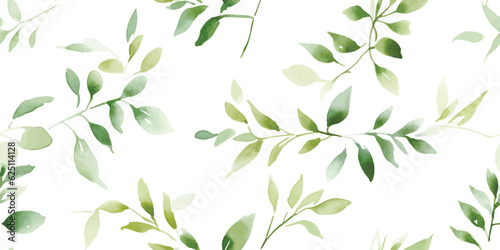 Floral pattern with green branches and leaves, watercolor seamless print on white background