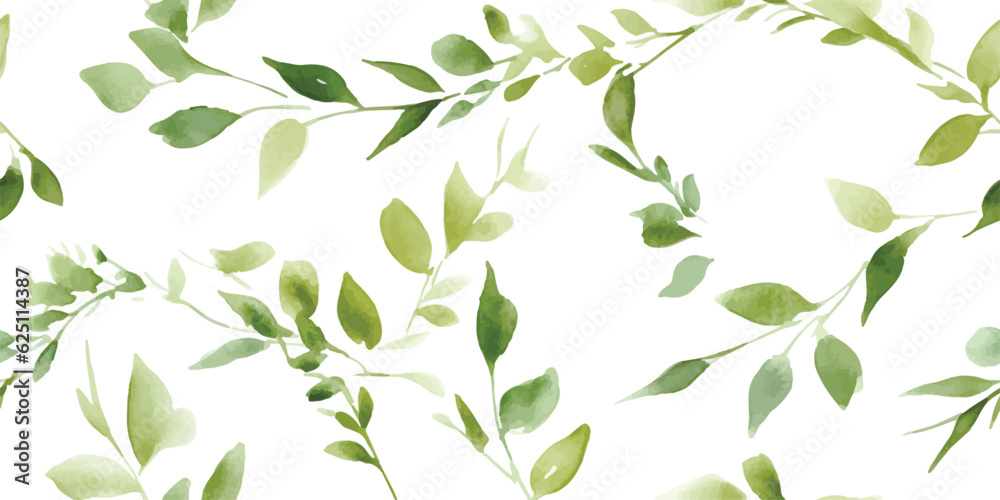 Floral pattern with green branches and leaves, watercolor seamless print on white background