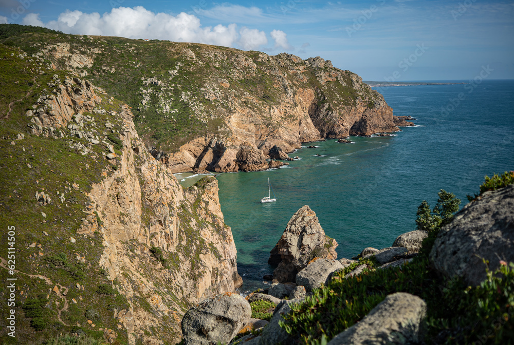 The stunning top landscape view of cliffs in Cabo da Roca to Azenhas do Mar