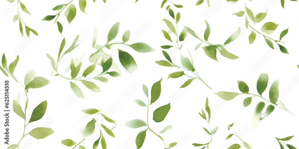 Floral pattern with green branches and leaves, watercolor seamless print on white background