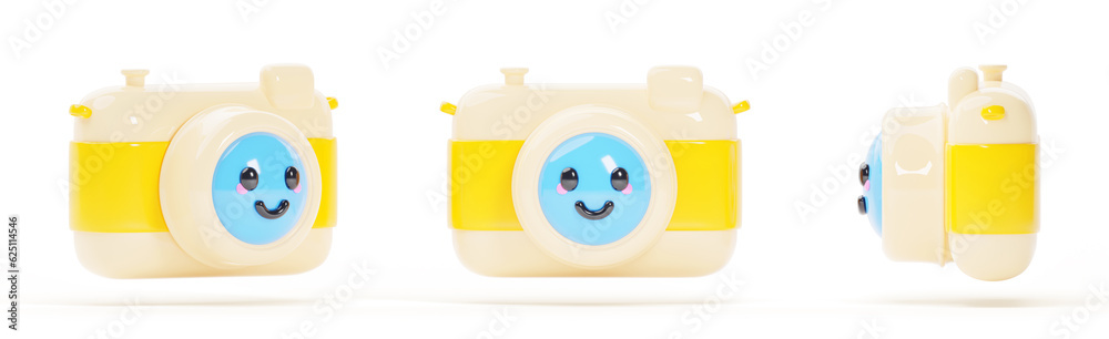 Cartoon 3d render set of cute photo camera character with happy face emoticon. Funny isolated photographic equipment icons with smile and eyes. Comic travel gadget front and side view. 3D illustration Cartoon 3d render set of cute photo camera character with happy face emoticon. Funny isolated photographic equipment icons with smile and eyes. Comic travel gadget front and side view. 3D illustration