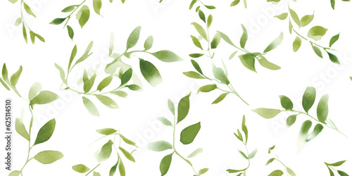 Floral pattern with green branches and leaves  watercolor seamless print on white background