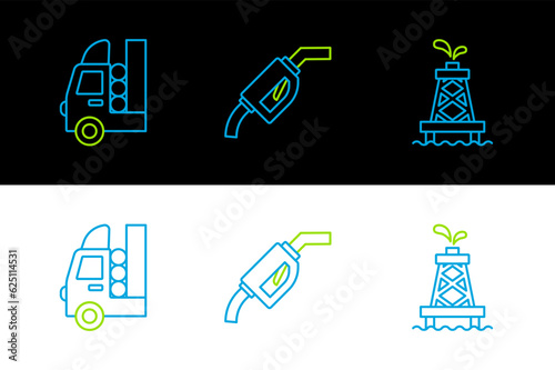 Set line Oil rig, Gas tank for vehicle and Gasoline pump nozzle icon. Vector