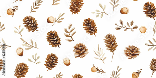 Floral seamless pattern with cones and acorns, watercolor illustration isolated on white background in minimalism style for autumn print, Christmas, New Year textile or wrapping paper for gifts