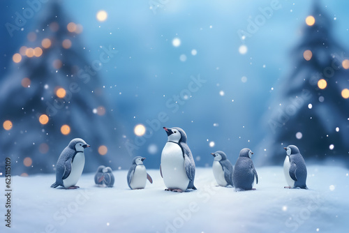 Cute little penguins in the snow on New Year s Eve. Pastel blue background with Christmas trees and lights. Holiday concept.