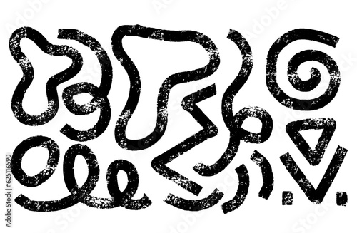 Funny organic shapes, random childish bold doodle elements. Grungy Brush drawn geometric vector shapes in memphis style. Bold curly lines, messy doodles, rough brush strokes.