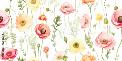 Floral seamless pattern with delicate flowers ranunculus on white background, watercolor illustration for textile or wallpapers