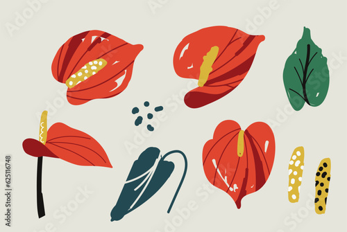 Set of Bold abstract flowers anthurium, beautiful hand drawn blossoms and leaves perfect for postcards, wallpaper, pattern fills, web page background, surface textures. Modern bold florals