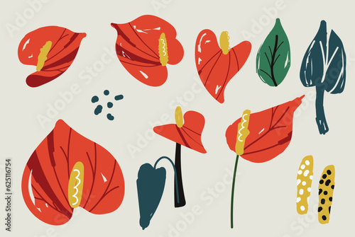 Set of Bold abstract flowers anthurium, beautiful hand drawn blossoms and leaves perfect for postcards, wallpaper, pattern fills, web page background, surface textures. Modern bold florals