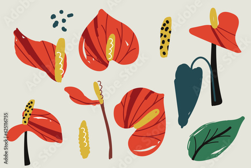 Set of Bold abstract flowers anthurium, beautiful hand drawn blossoms and leaves perfect for postcards, wallpaper, pattern fills, web page background, surface textures. Modern bold florals