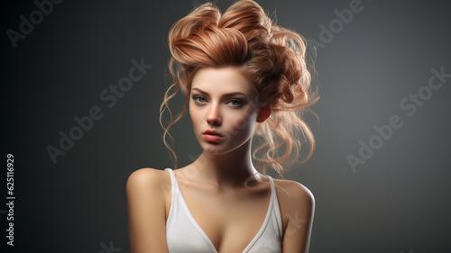 Schönes Frauen Gesicht mit moderner Hochsteck Frisur Nahaufnahme, ai generativ