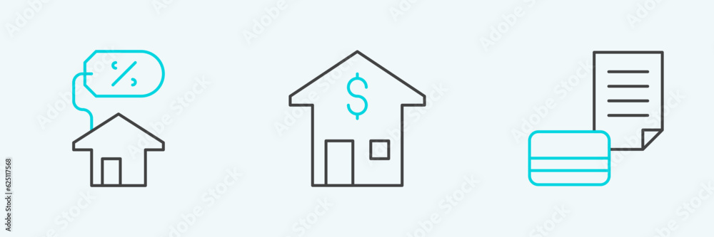 Set line Credit card, House with percant and dollar icon. Vector Set line Credit card, House with percant and dollar icon. Vector