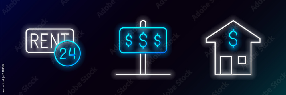 Set line House with dollar, Rent and icon. Glowing neon. Vector Set line House with dollar, Rent and icon. Glowing neon. Vector
