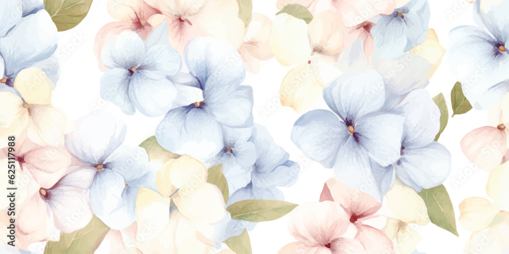 Floral seamless pattern with delicate inflorescences hydrangea, watercolor illustration isolated on white background for textile, wallpaper or wrapping paper in vintage style, print in pastel colors